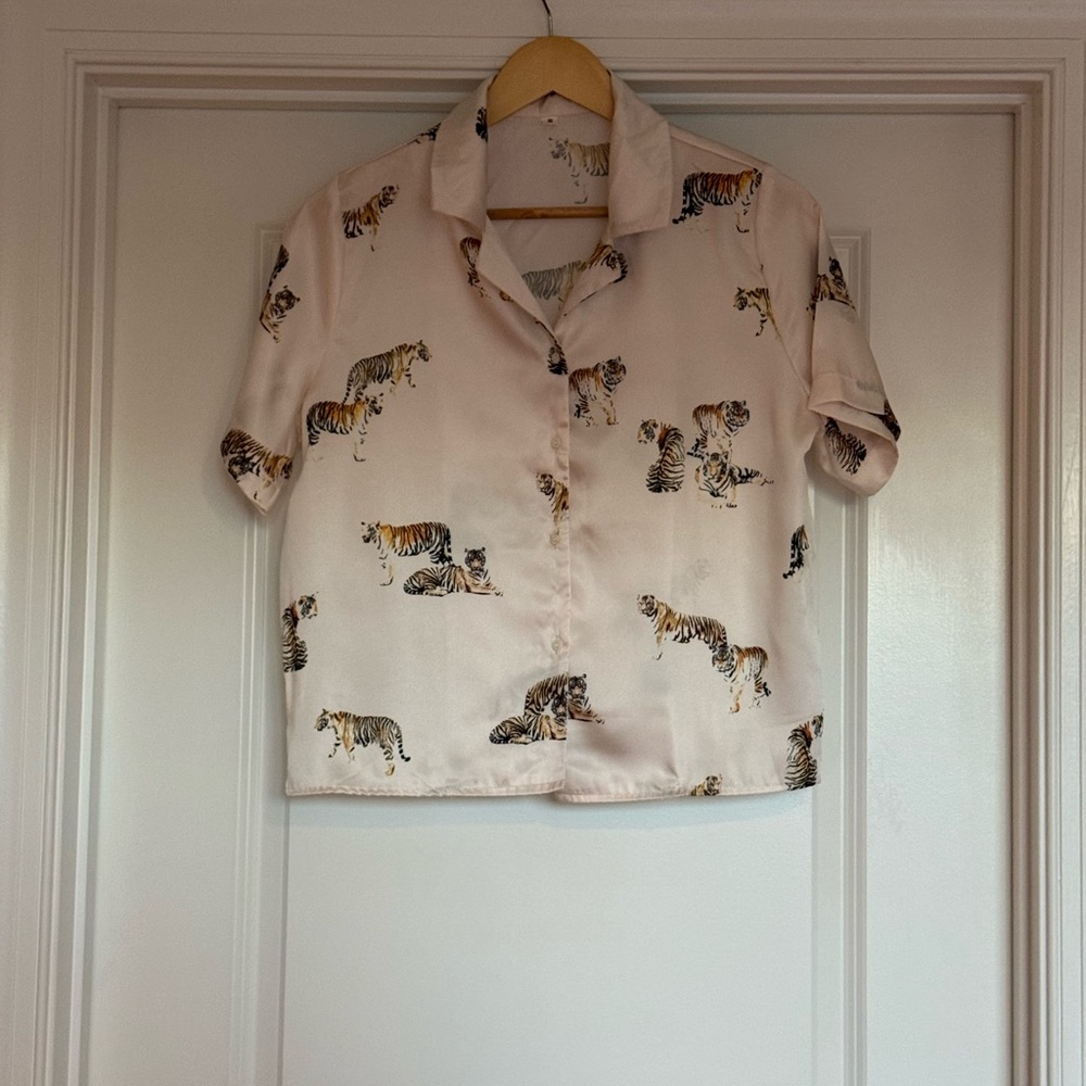 SHEIN Women's Button Down Shirt - Cream with Tiger Print
